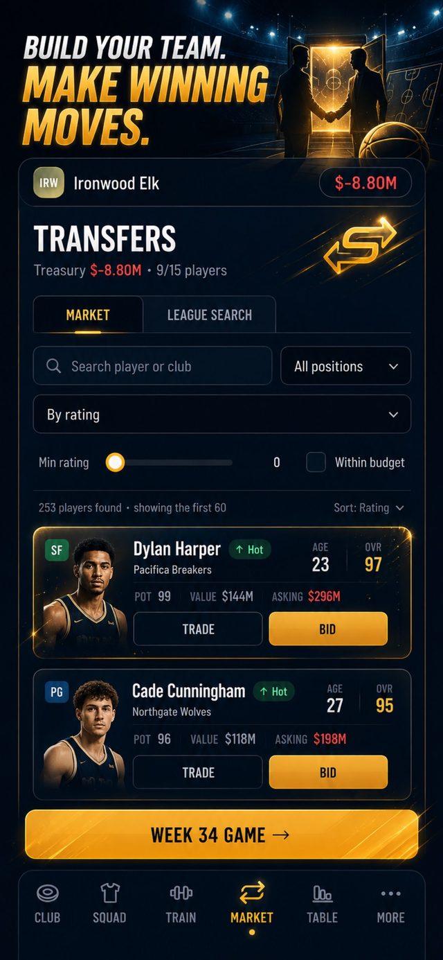 Transfer market with player values, asking prices and bid or trade actions